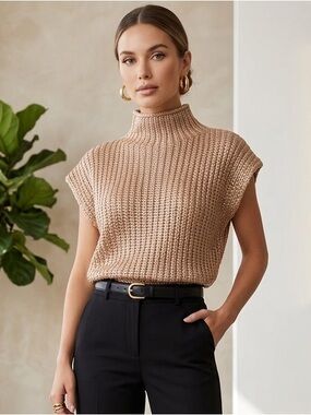 SHE + SKY Metallic Champagne High Neck Knit Vest Sweater M